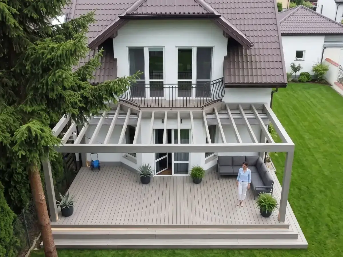 Pergola aluminiowa Warszawa — realizacja 5 Realizacja montażu pergoli aluminiowej Warszawa — projekt nr 5 Tarasy Wesoła