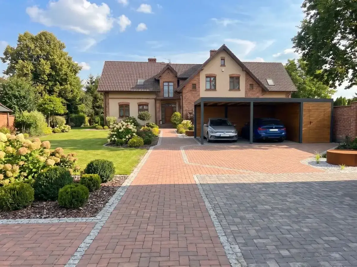 Wiata garażowa carport Warszawa — realizacja 5 Realizacja wiaty garażowej carport Warszawa — projekt nr 5 Tarasy Wesoła