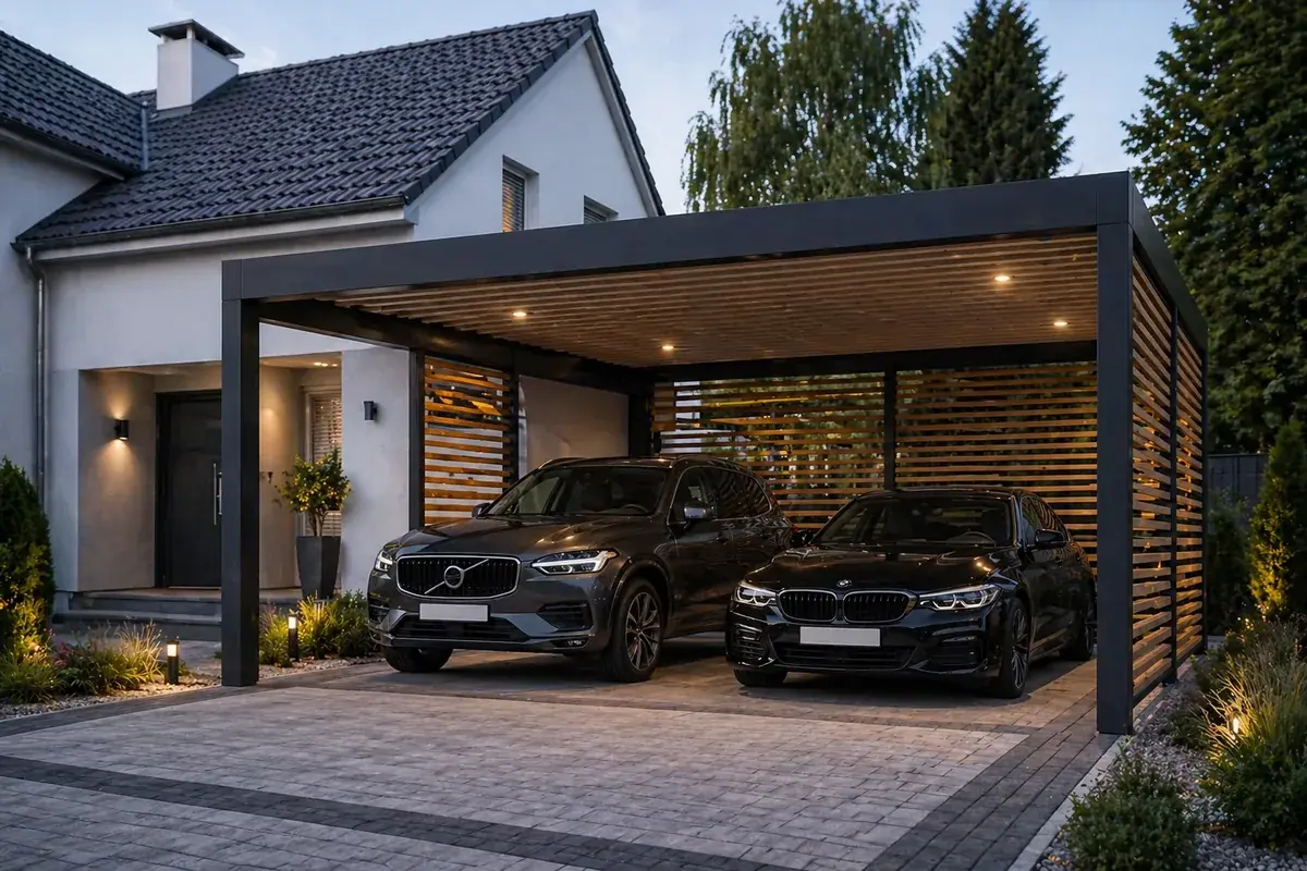 Wiata garażowa carport Warszawa — realizacja 7 Realizacja wiaty garażowej carport Warszawa — projekt nr 7 Tarasy Wesoła