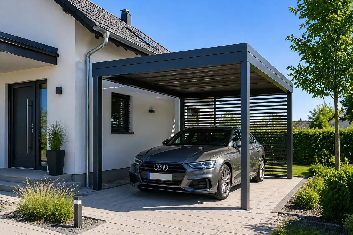 Wiata garażowa carport Warszawa — realizacja 9 Realizacja wiaty garażowej carport Warszawa — projekt nr 9 Tarasy Wesoła