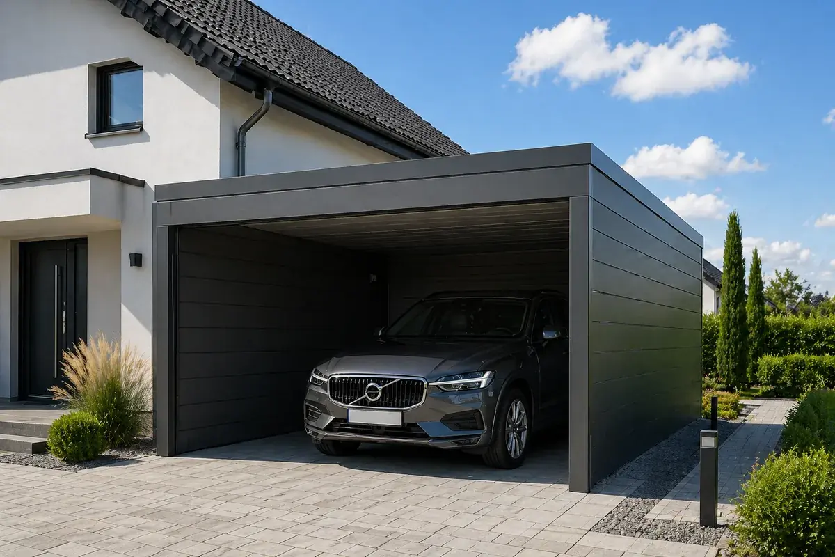 Wiata garażowa carport Warszawa — realizacja 10 Realizacja wiaty garażowej carport Warszawa — projekt nr 10 Tarasy Wesoła