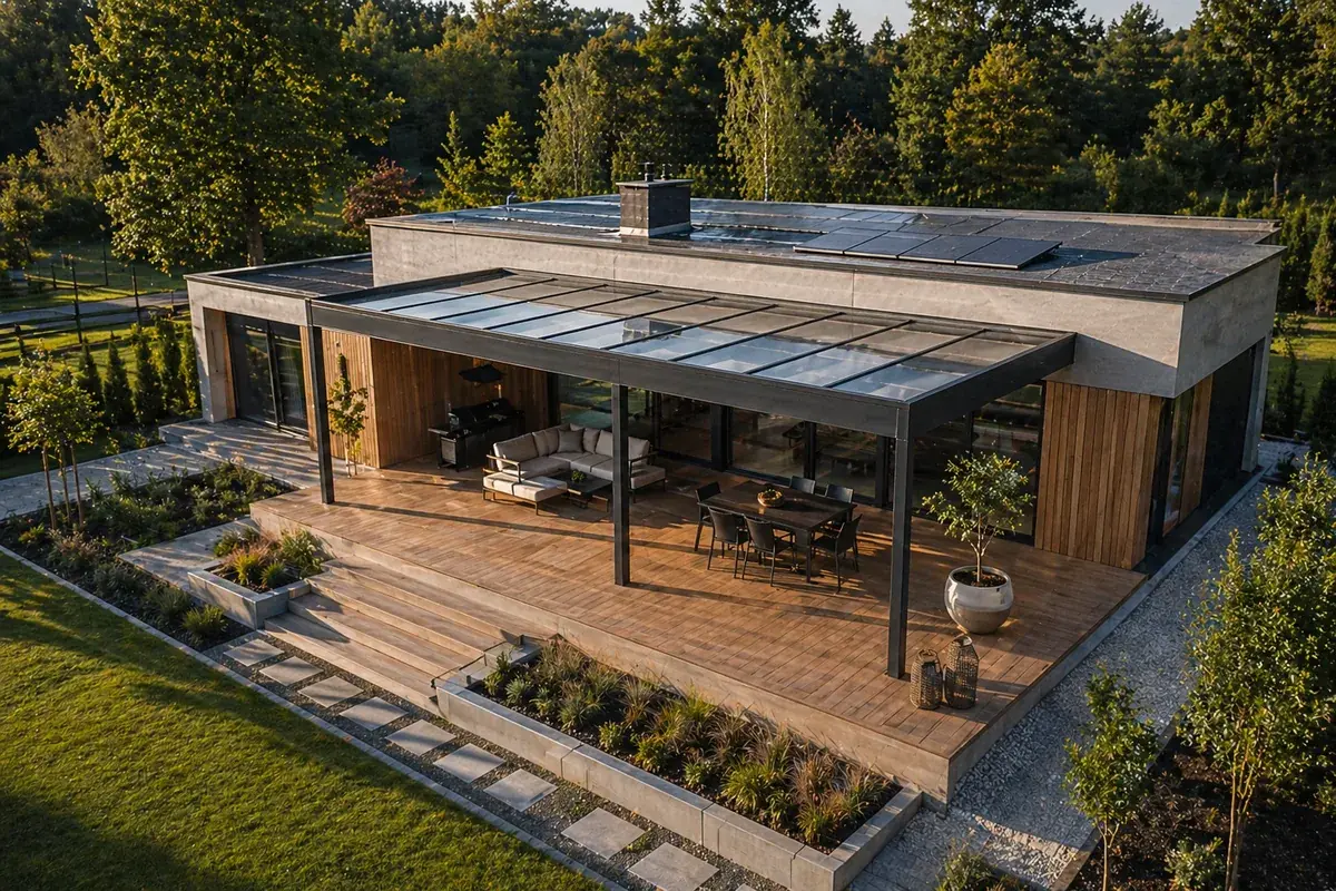 Zadaszenie tarasu Warszawa — realizacja 8 Realizacja zadaszenia tarasu Warszawa — projekt nr 8 Tarasy Wesoła
